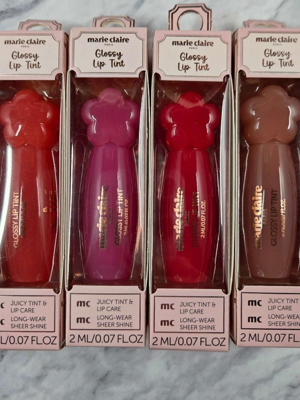 Marie Claire Glossy Lip Tint Set of 4 Warm Bloom Pink Taupe Burning Petal